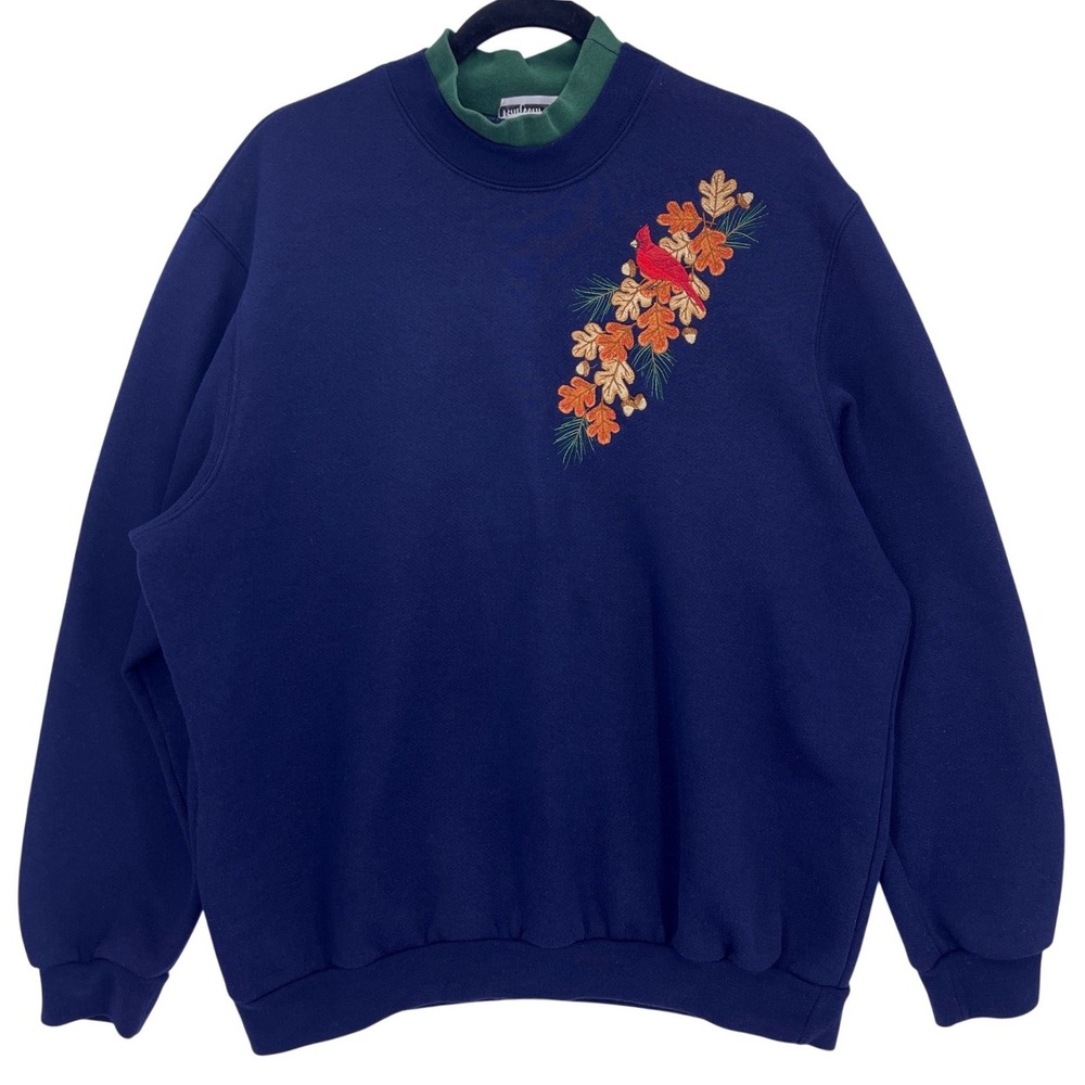 Vintage 90s Navy Fall Sweatshirt XL Cardinal Oak Leaf Embroidery Thanksgiving
